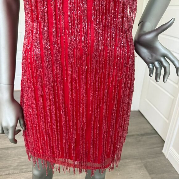 Mac Duggal Red Prom Spaghetti Strap Fringe Beaded Mini Dress Size 2 NEW - Picture 4 of 9